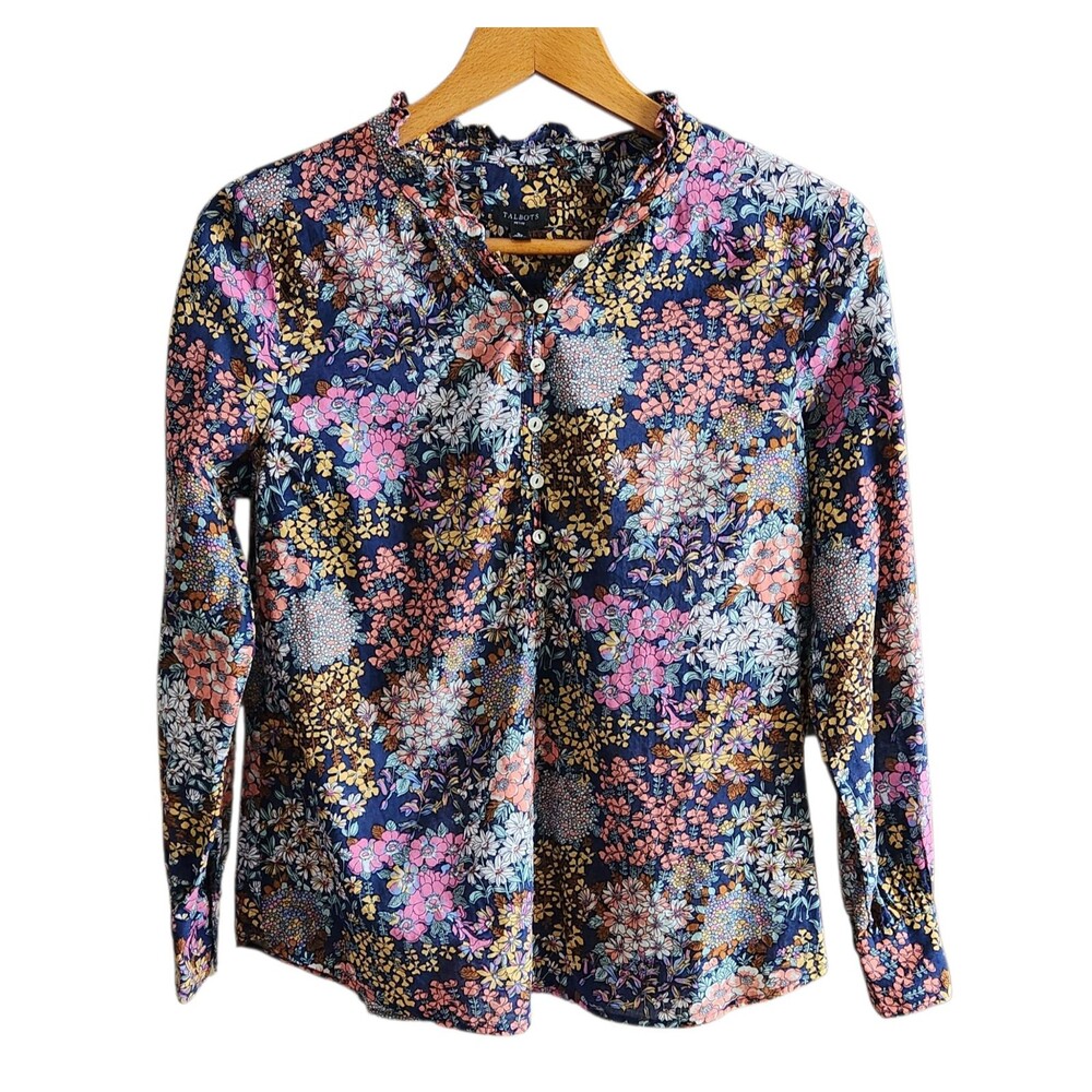 Talbots Petites Popover Blouse Multicolor Floral Ruffle Collar Womens Size Sp